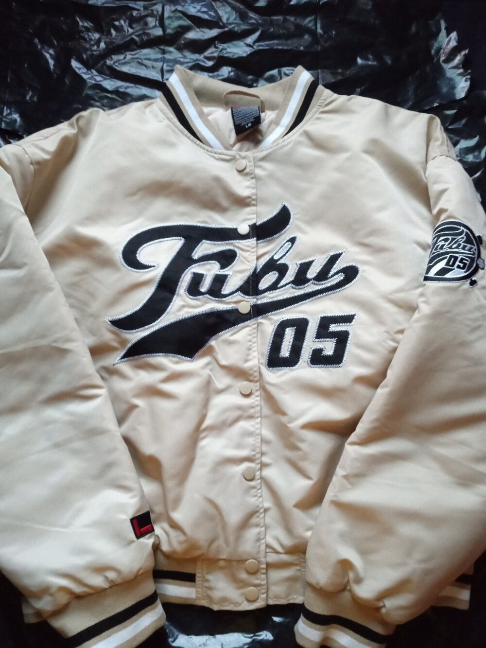 FUBU Logo Beige Varsity Jacket Womens Large (NWT)